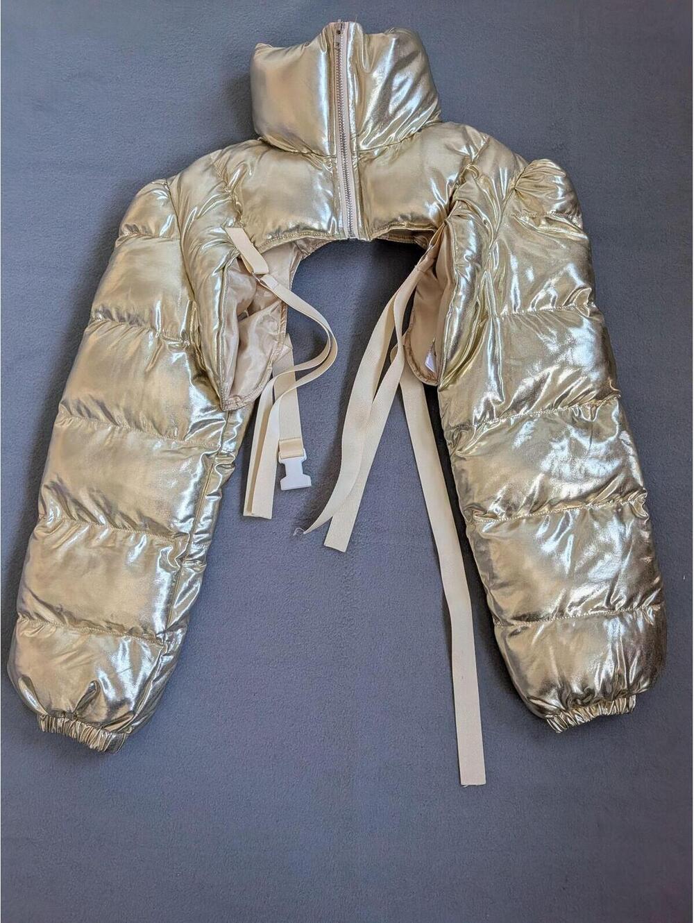 Impulsive Jacket Womens M Gold Metallic Puffer Satin Cropped Shrug Festival